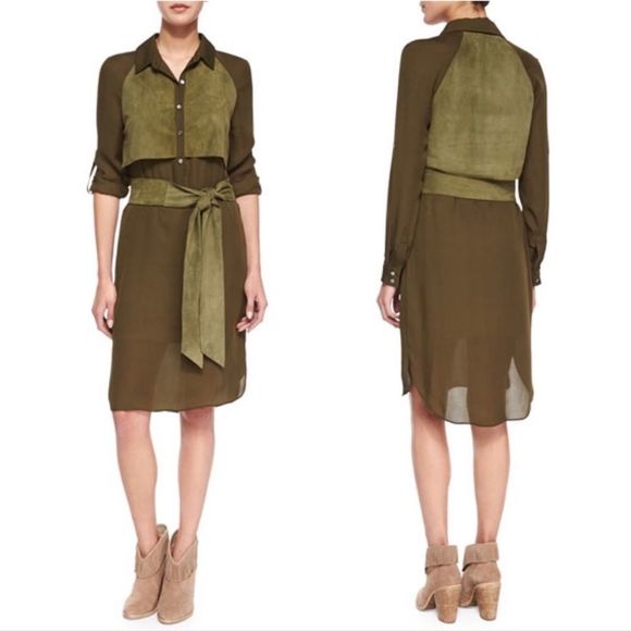 Haute Hippie Dresses & Skirts - HAUTE HIPPIE | Silk & Suede Two Tone Belted Shirt Dress Long Sleeve Size M